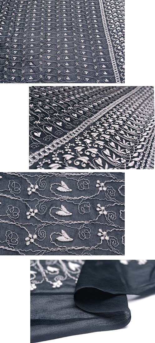 スイス 輸入生地<BR>ピュアシルク・シフォン<BR>フローラル・エンブロイダリー<BR>片側スカラップ仕上げ<BR>10cm単位 生地・布(f102) - 画像 (4)