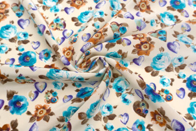 イタリア 輸入生地<BR>【M.M.】<br>ピュアシルク・デシン<BR>フラワーxハート・プリント<BR>10cm単位 生地・布(1677an)