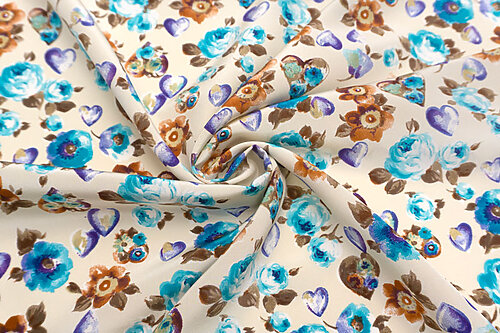 イタリア 輸入生地<BR>【M.M.】<br>ピュアシルク・デシン<BR>フラワーxハート・プリント<BR>10cm単位 生地・布(1677an)